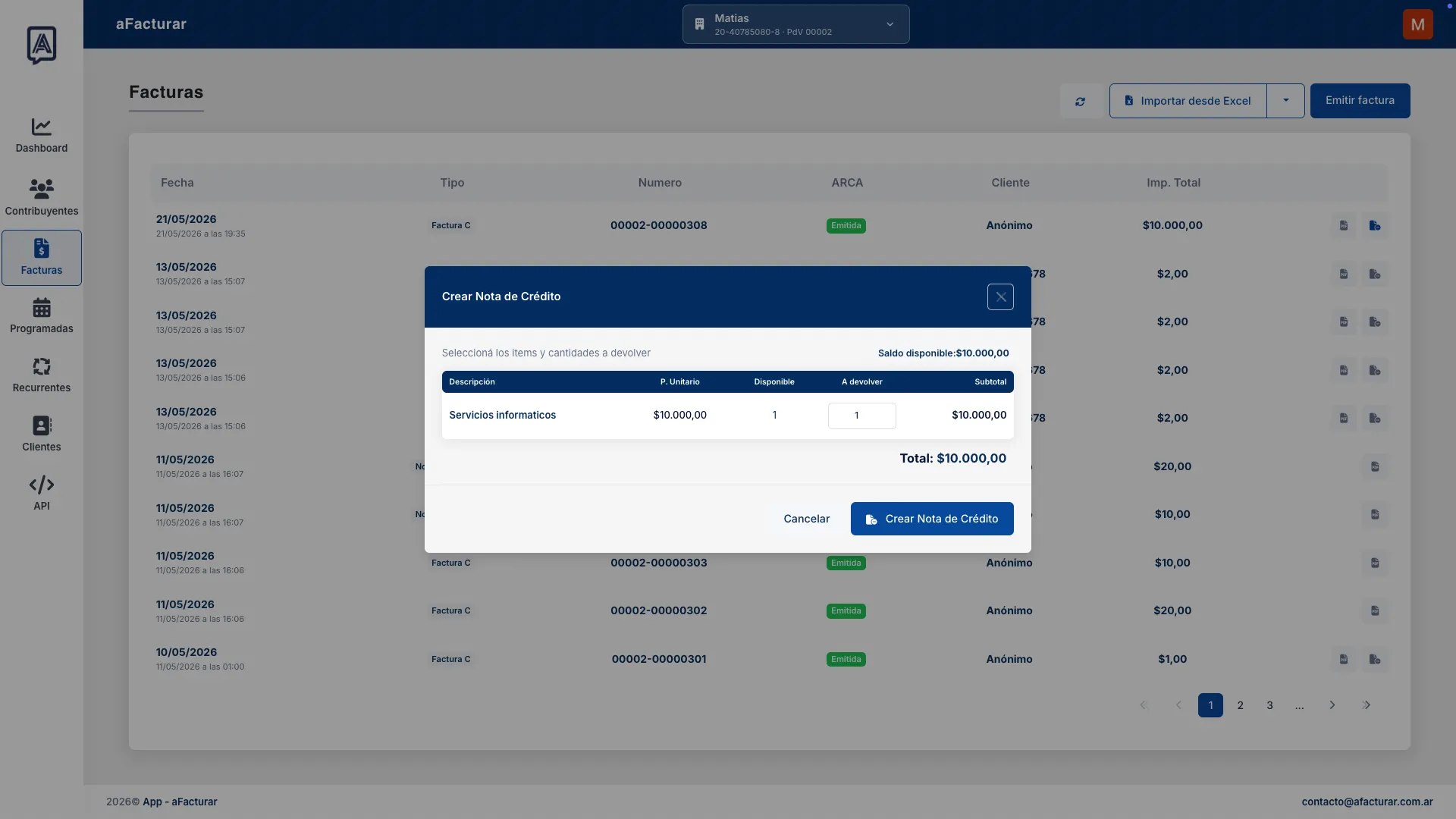 Modal de creación de nota de crédito