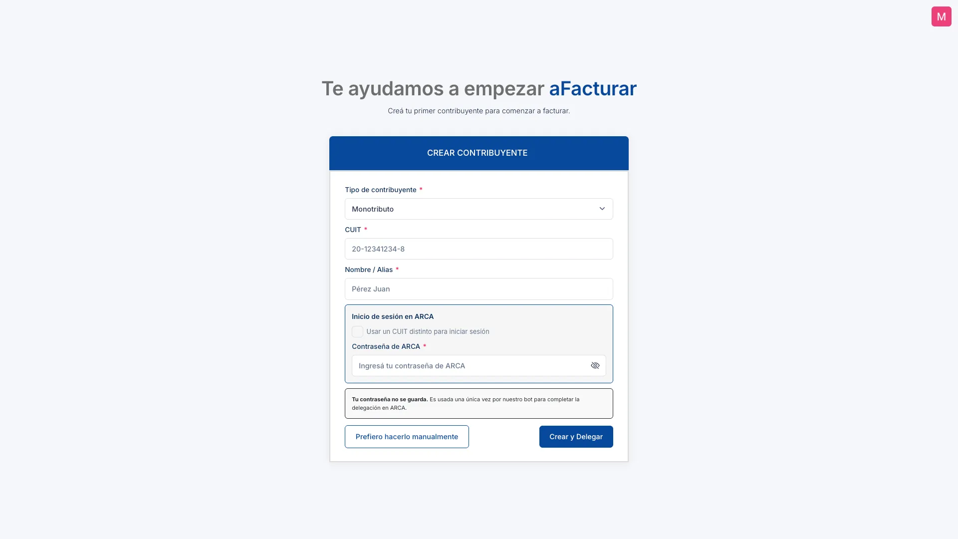 Formulario de onboarding con autodelegación
