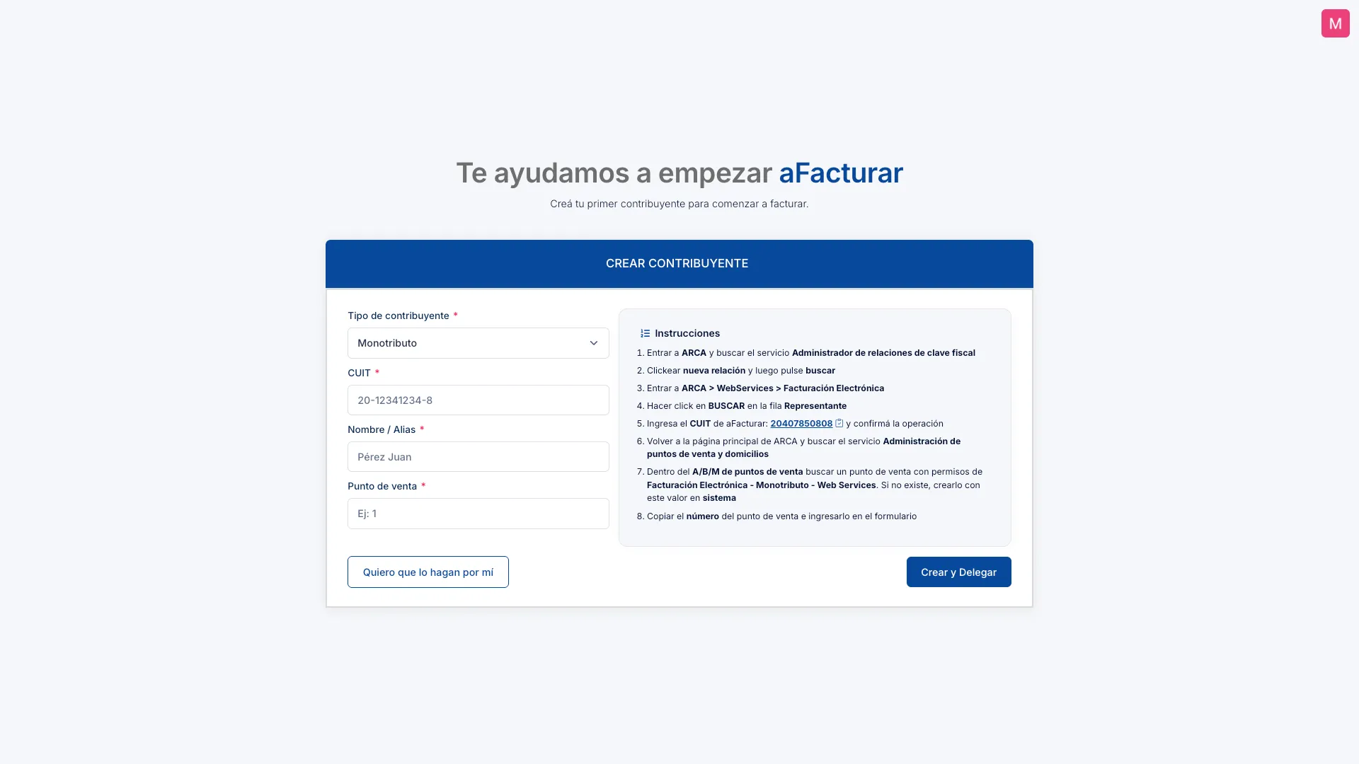 Formulario de onboarding con delegación manual